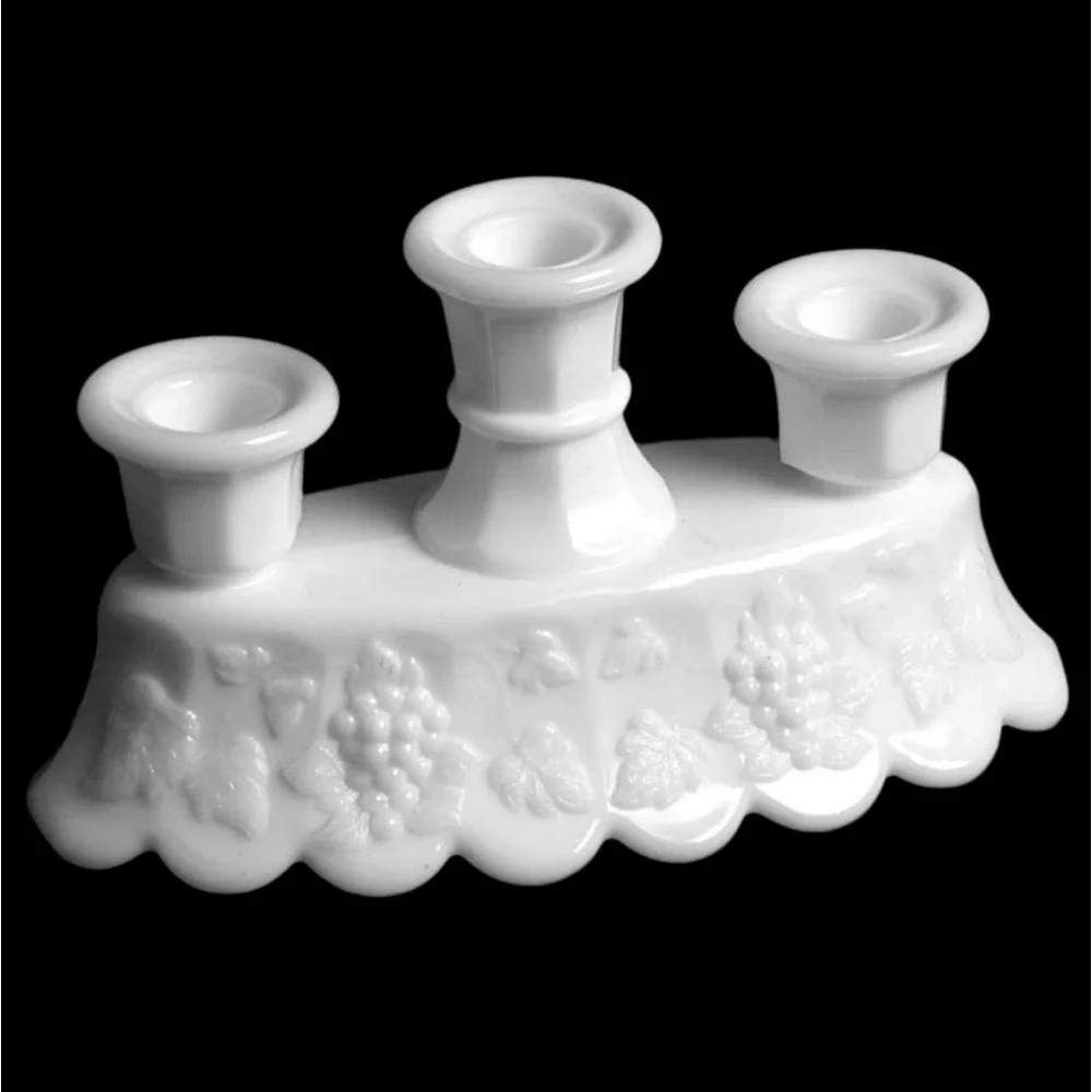 Westmoreland‎ Milk Glass Grape Triple Candelabra Pair Scalloped Base Set 2